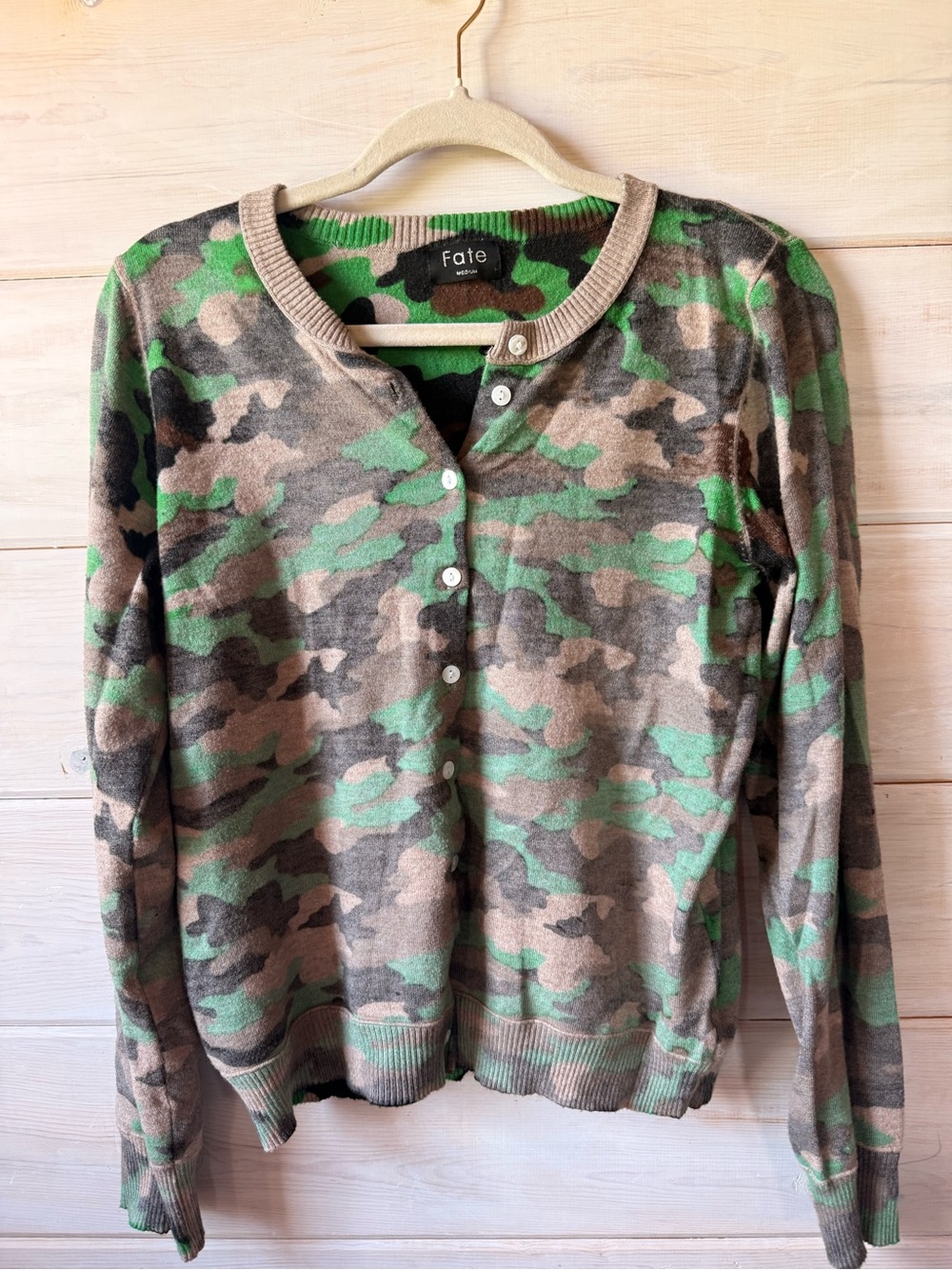 Fate Women’s Camouflage Button-Up Long Sleeve Top - Green/Khaki